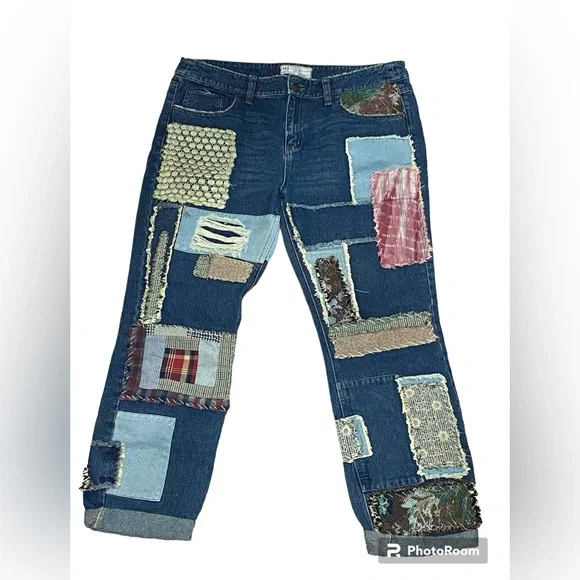 FREE PEOPLE Patched patchwork slim slouch jeans size 30 - Picture 3 of 8